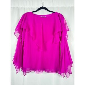 Cattiva Fuchsia Pink Ruffle Chiffon Silk Blouse Long Bell Sleeve Tiered Top